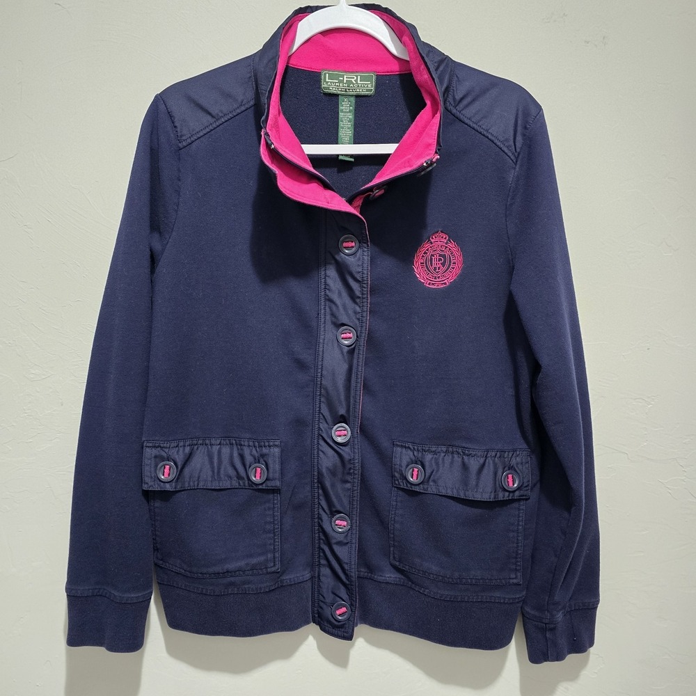 Lauren Active Ralph Lauren Pink Navy Collared Jacket Zip & Buttons Women XL